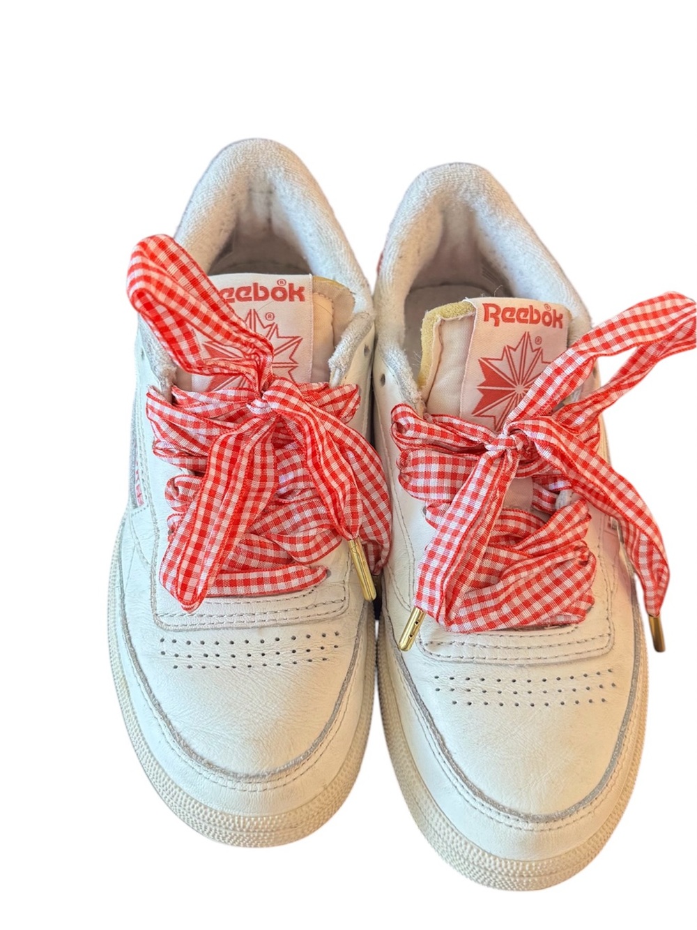 Vintage Reebok White Sneakers with Red Gingham Laces